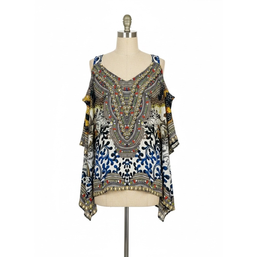 Sakkas Cold Shoulder Caftan Top Boho Embellished White Multi 1X 2X
